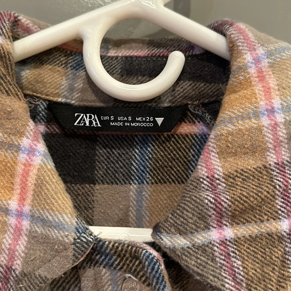 Zara Oversized Plaid Shacket Overshirt Flannel Jacket Tan Pink Navy - Picture 6 of 8